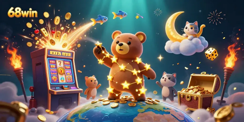 Experience the excitement of 68win with vibrant colors, gold coins, and casino games in this 3D illustration.
