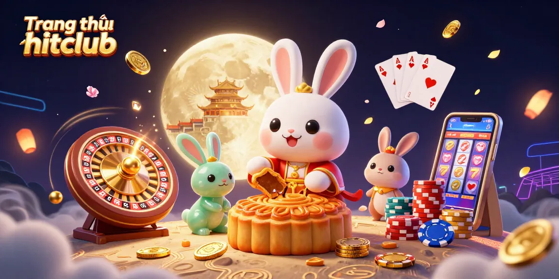 Experience the excitement of Trang chủ hitclub with this dynamic illustration featuring a cartoon moon rabbit and casino elements.