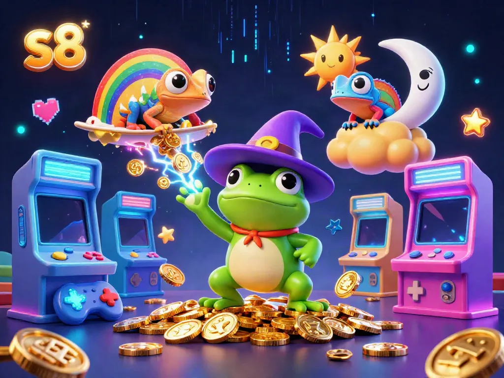Spin and win at S8 with golden coin storms and vibrant 3D gaming elements.