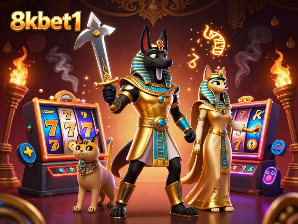 Experience thrilling gameplay at 8xbet1 with Anubis and Bastet amidst vibrant casino elements.