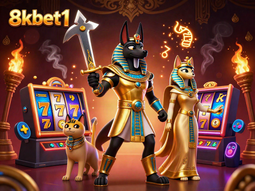 Experience thrilling gameplay at 8xbet1 with Anubis and Bastet amidst vibrant casino elements.