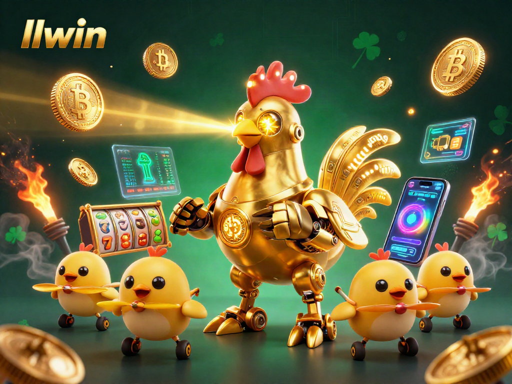 Experience llwin with a dynamic 3D illustration of a golden rooster robot and baby chick drones in a virtual casino.