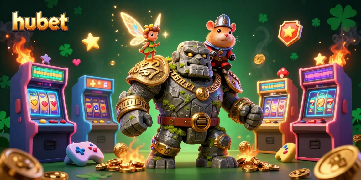Spin slots and win jackpots at hubet with an epic golem guardian and magical fairy.