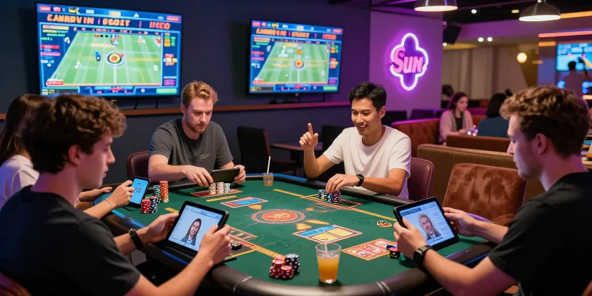 Engaging gaming scene of players enjoying Sun win's card games in an exciting virtual environment with vibrant lighting and modern tech.