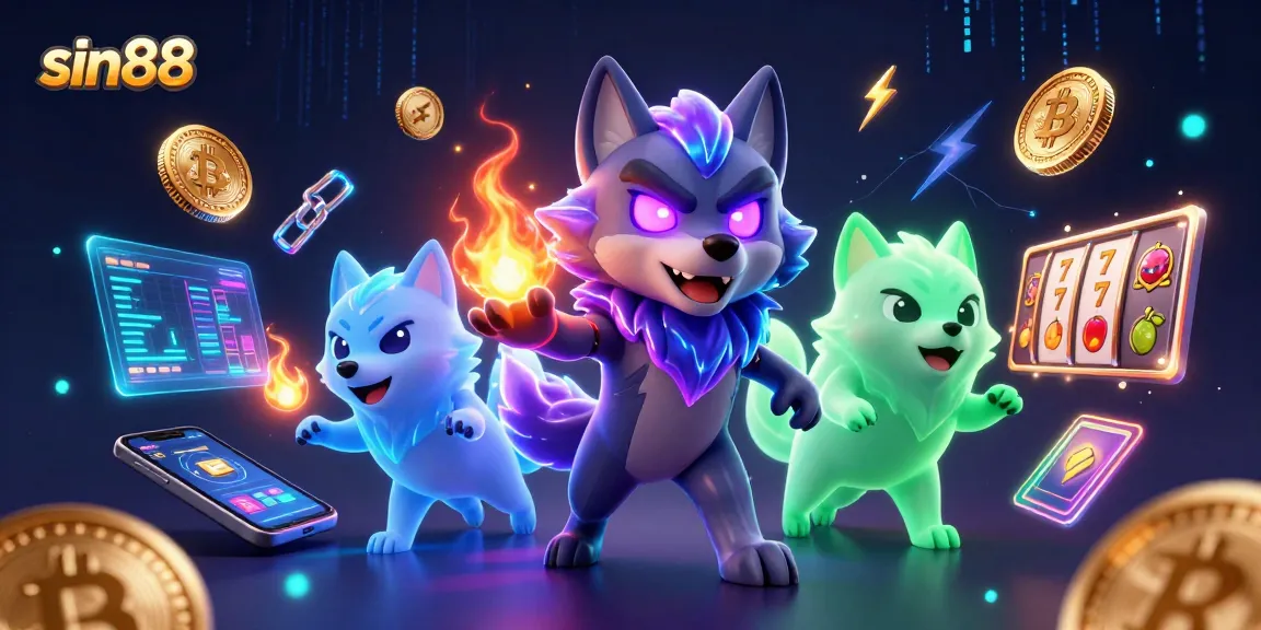Engage with sin88 in this vibrant crypto casino scene featuring ghostly wolves and slot machines.