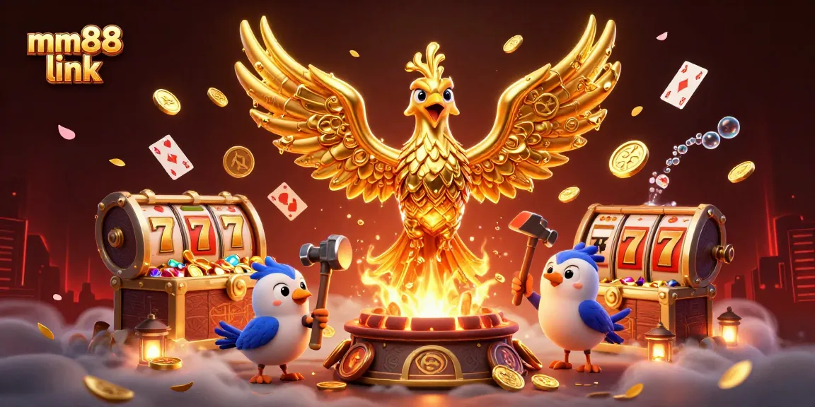 Engage with MM88 link for thrilling casino excitement featuring golden phoenix and casino elements.
