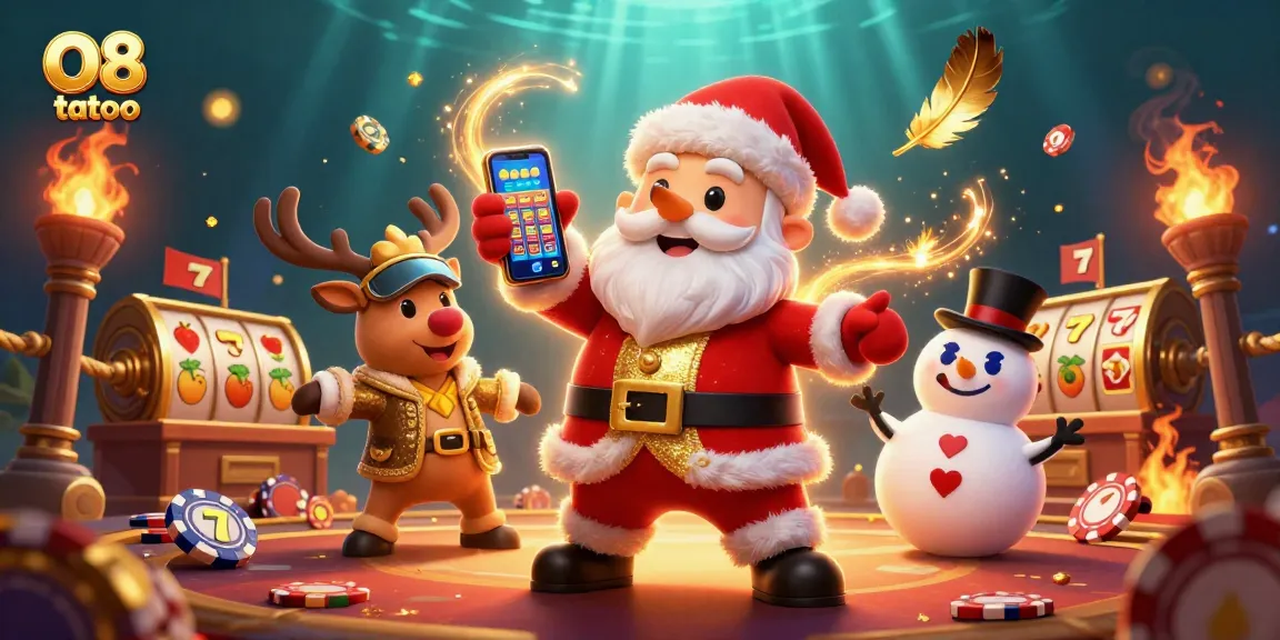 Play thrilling games at O8 tatoo with Santa and friends, featuring vibrant casino elements.