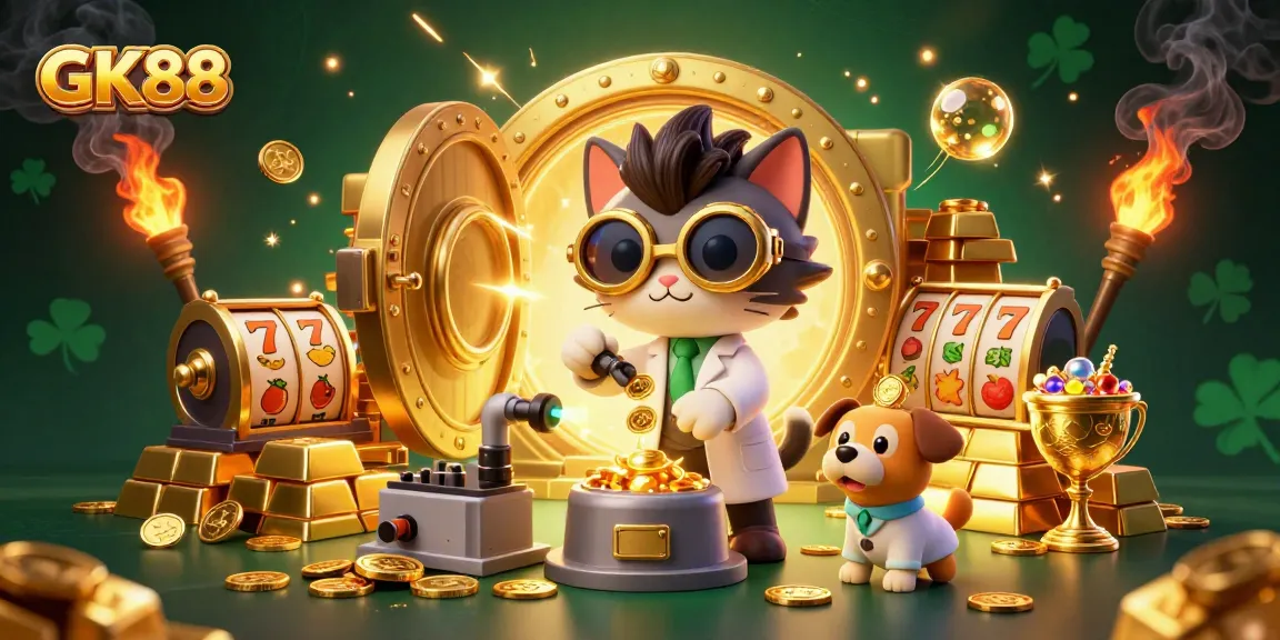 GK88 promotional illustration revealing exciting slot machine action amidst golden treasures.