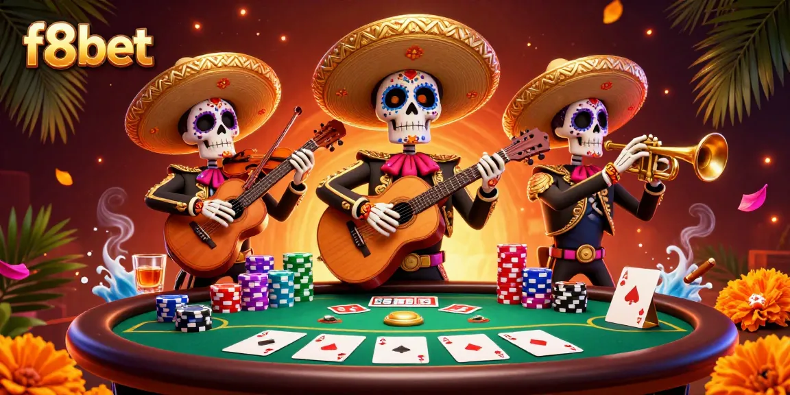 Experience the vibrant world of f8bet with a lively mariachi band amidst a thrilling poker scene.