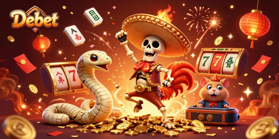 Experience Debet's thrilling casino magic with vibrant characters, golden coins, and festive game elements.