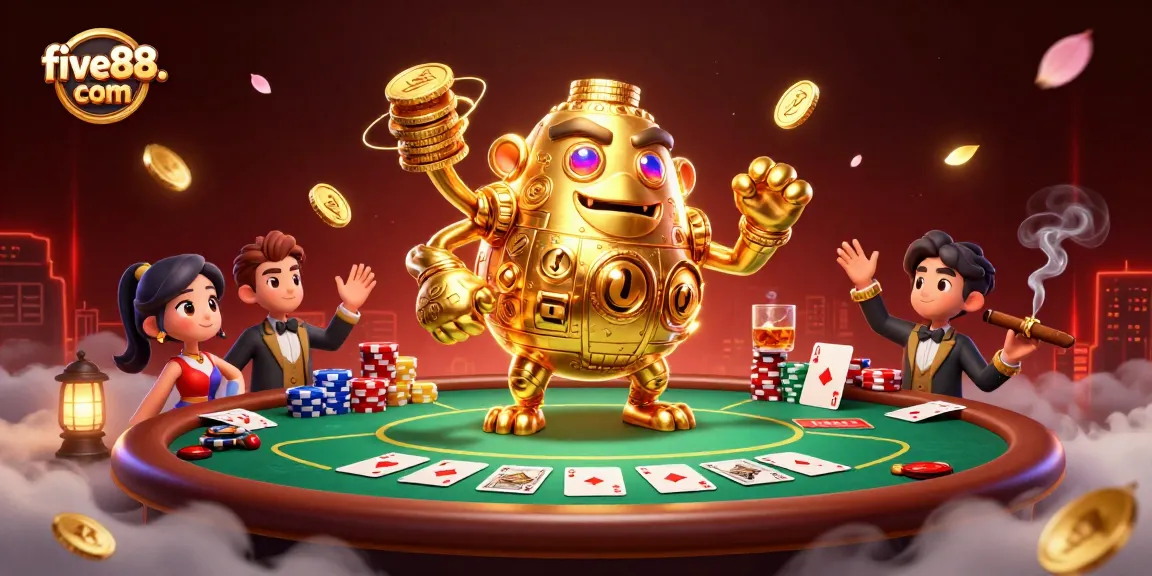 Experience vibrant gaming with five88. com showcasing a golden golem at an exciting poker table.
