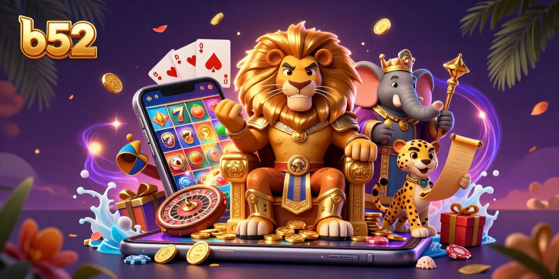 Experience exciting slot games with b52 in this vibrant casino-themed 3D illustration.