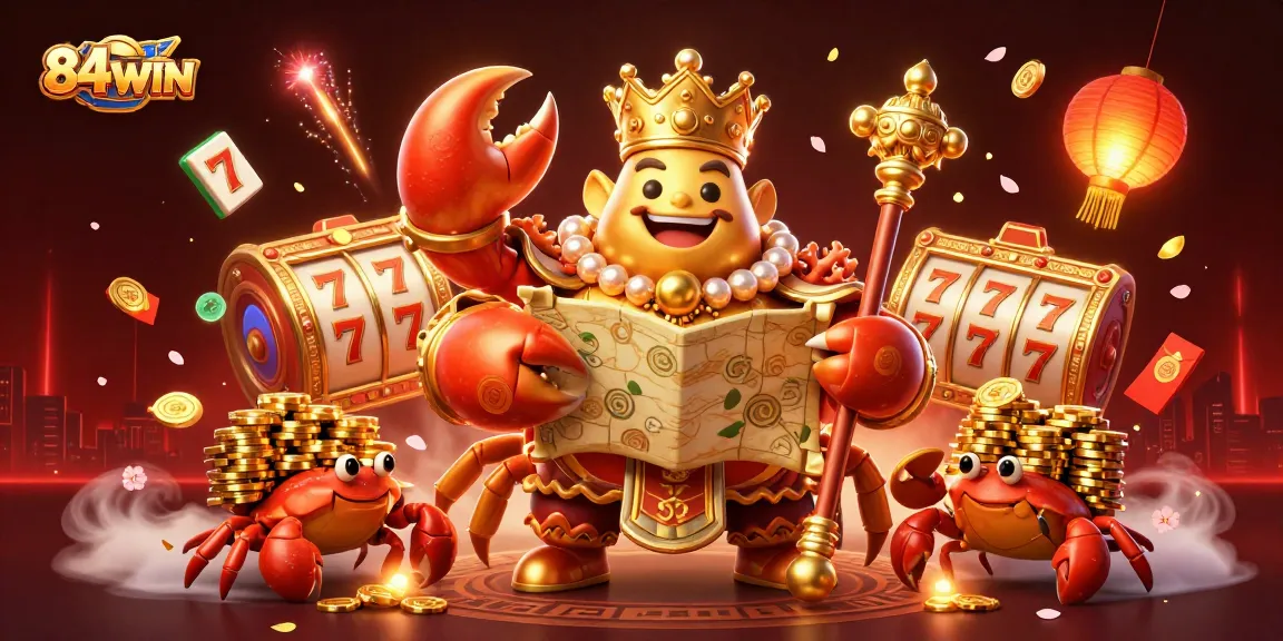 Engage with 84WIN's casino excitement in a vibrant, golden crab emperor scene full of colorful game elements.