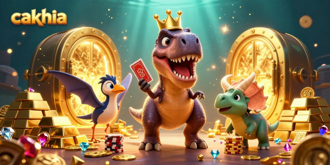 Cakhia offers thrilling gaming action with T-Rex and friends in a vibrant casino scene filled with treasures.