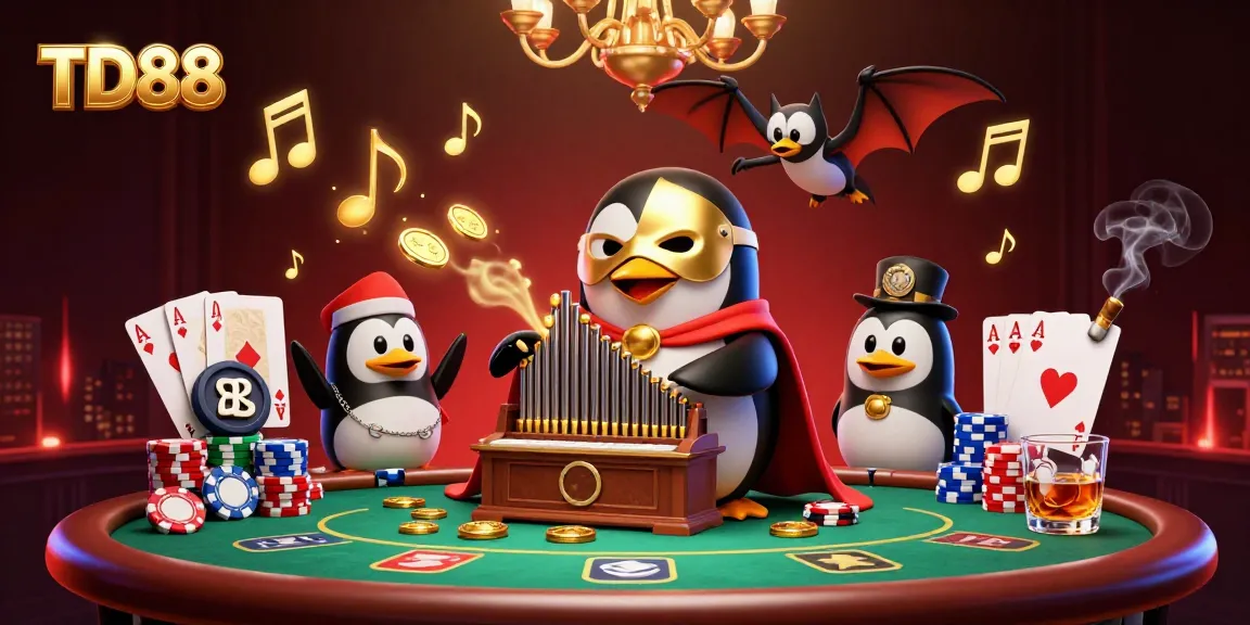 Experience thrilling gameplay at TD88 with an exciting casino scene of coin showers and acrobatic displays.