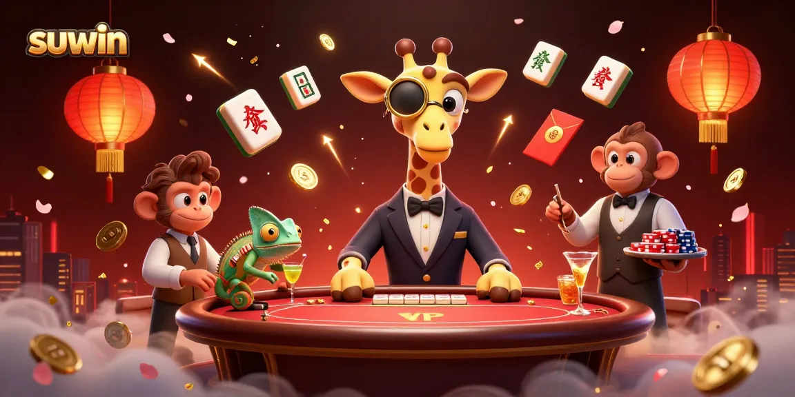 Experience suwin's exciting gaming world with a 3D high-roller giraffe at a VIP poker table.
