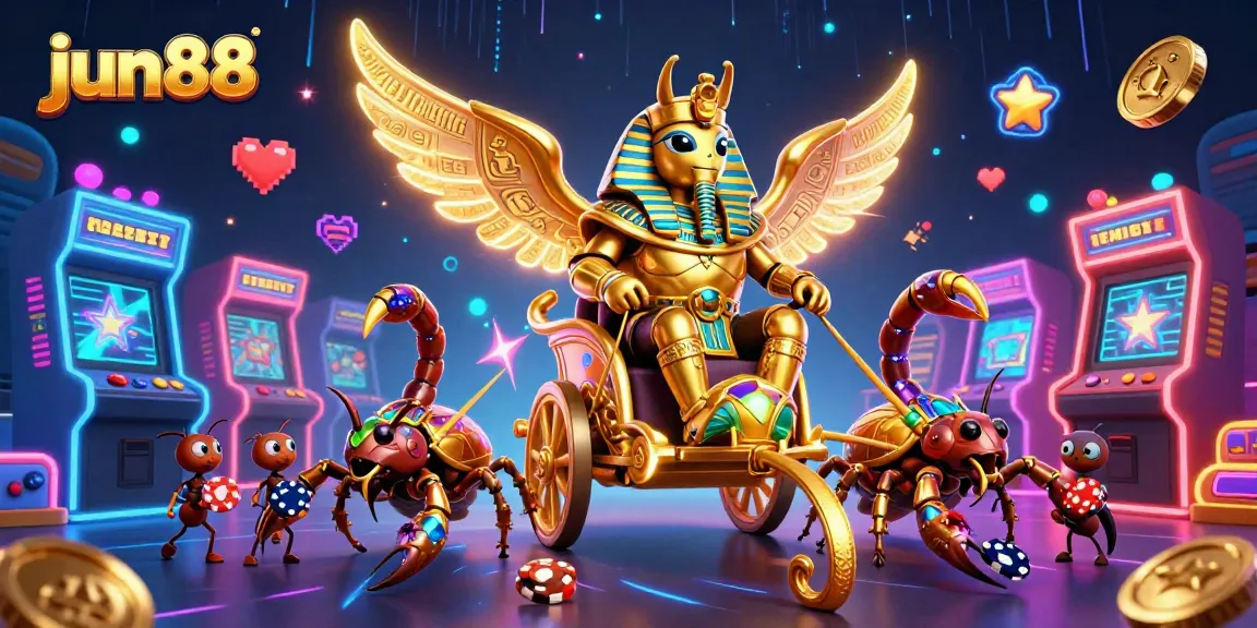Play and win at jun88 with vibrant casino-themed 3D illustration showcasing epic gaming elements.