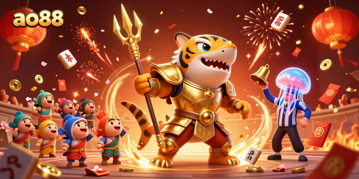 Play with ao88's vibrant underwater casino, featuring a gladiator tiger shark and festive elements.
