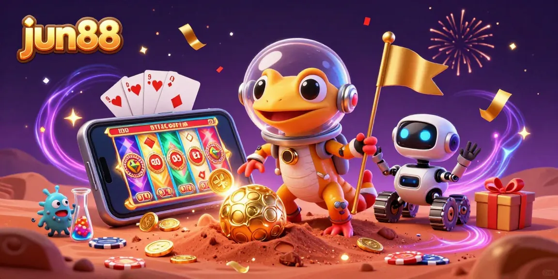 Experience thrilling wins at jun88 with a Martian gecko discovering a hidden casino in this vibrant 3D scene.