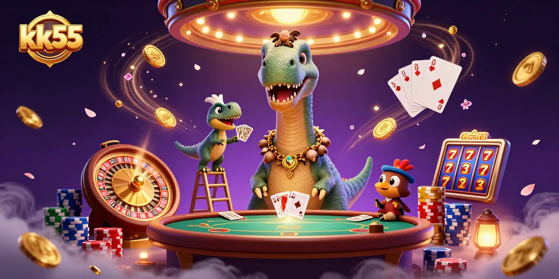 kk55 casino scene with a giant brontosaurus and clever raptor dealing cards amidst flying coins.