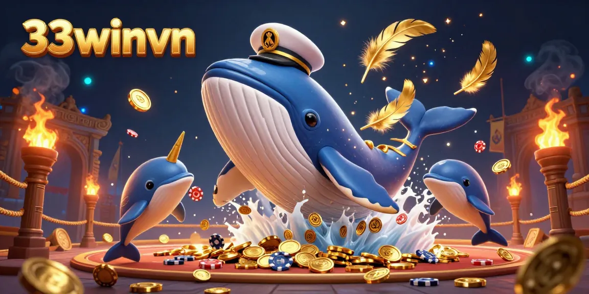 Experience the thrill of 33winvn with a captain whale character, coins, and playful dolphins in vibrant casino ambiance.