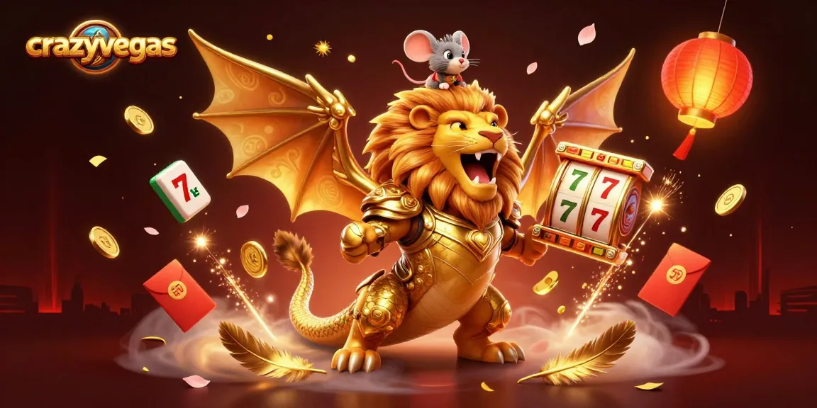 Experience thrilling gameplay at crazyvegas with vibrant slot reels and a golden chimera creature roaring triumphantly.