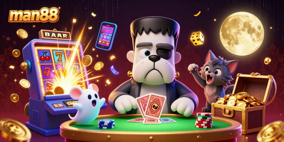 Experience thrilling gaming options at man88, featuring a vibrant casino scene with unique characters.