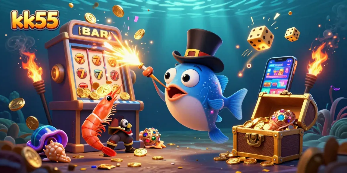 Spin and win at kk55 with animated slot machines, glowing coins, and casino treasures.