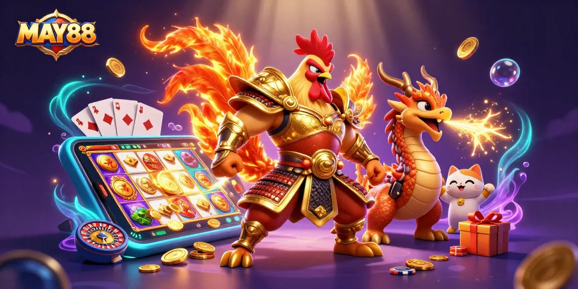 MAY88 showcases a vibrant 3D gambling scene with a warrior rooster and dragon amidst slot games and chips.