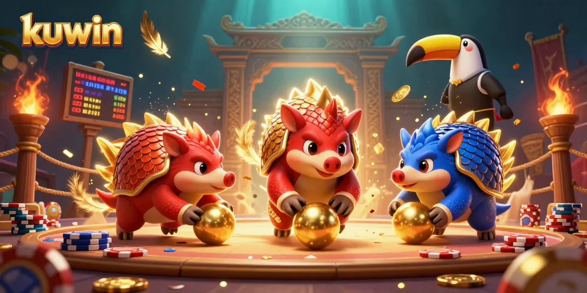 Kuwin gaming illustration featuring competitive pangolins bowling poker chips, energetic and dynamic action scene.