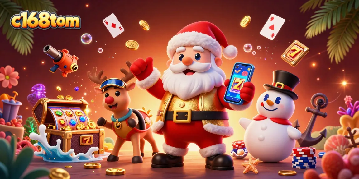 Experience the excitement of c168tom casino as Santa showcases jackpot slots amidst vibrant casino vibes.