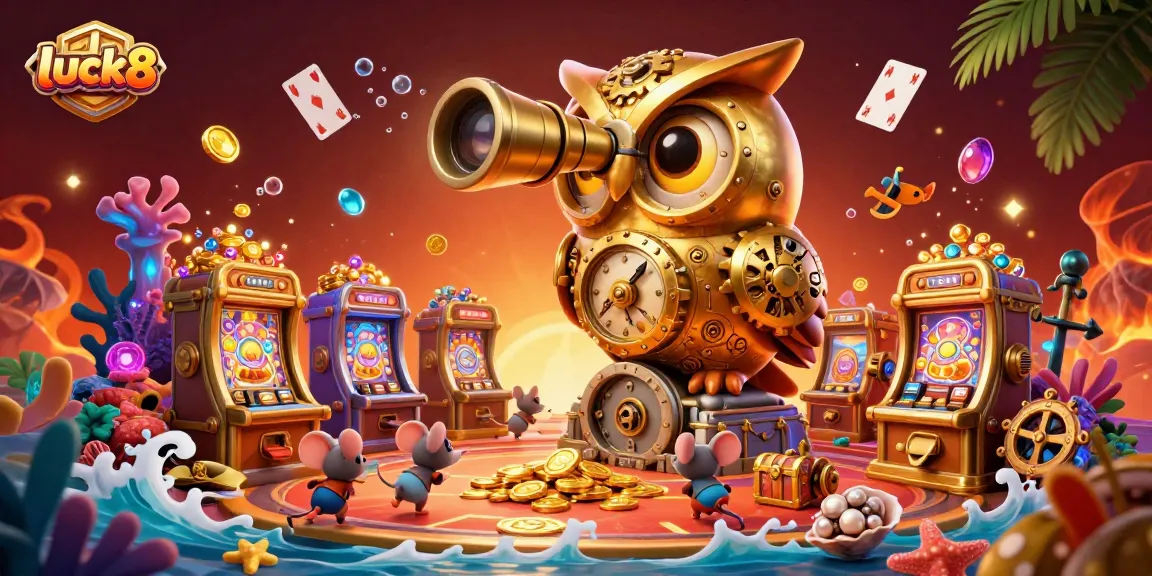 Experience luck8's dynamic casino atmosphere with a golden owl and brass slots filled with treasures.