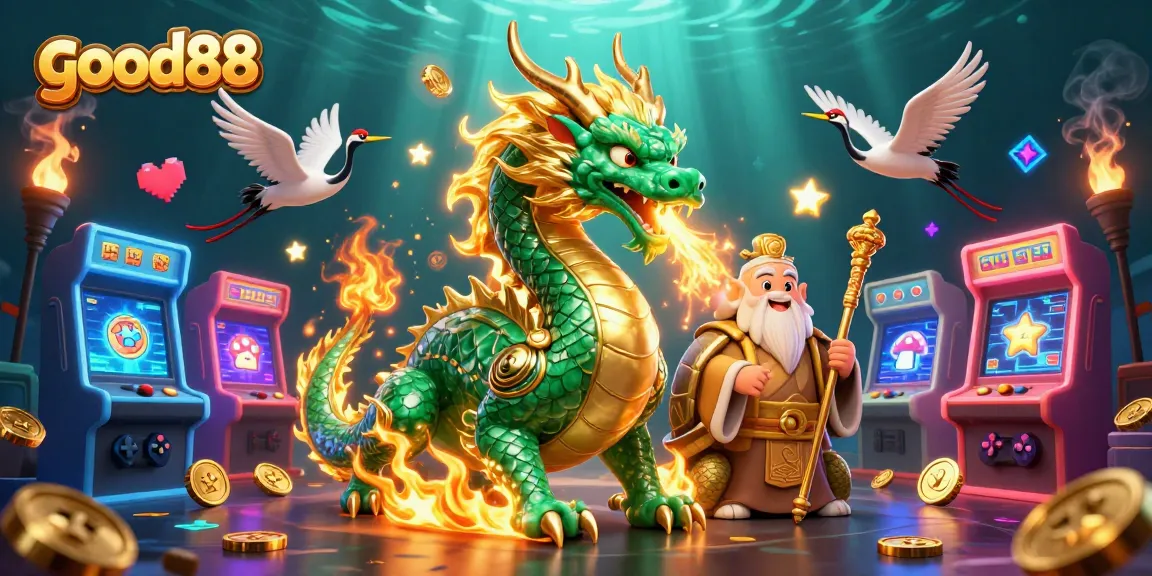 Engage with good88's vibrant casino experience featuring a dragon, turtle sage, and cranes.
