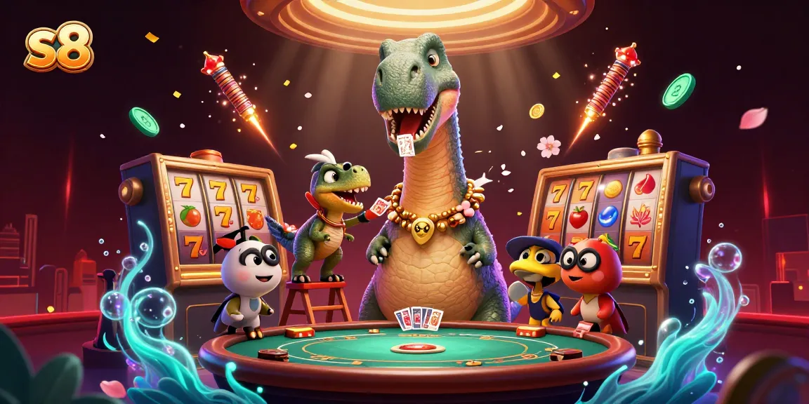 Experience excitement at s8 casino with a giant brontosaurus overlooking a vibrant poker scene.