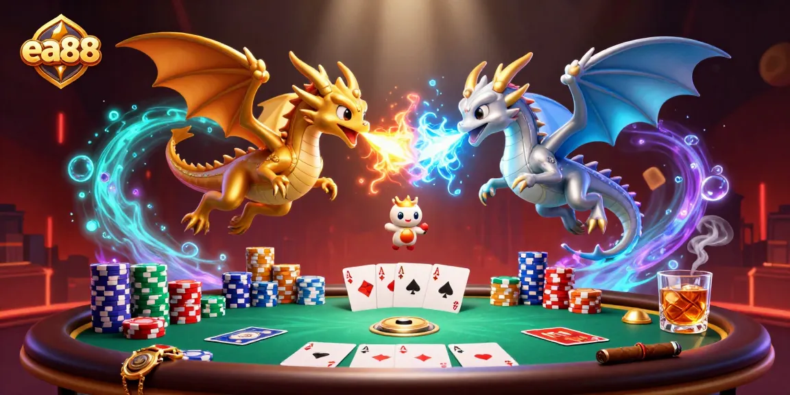 ea88 showcases a vibrant 3D scene with twin dragons and poker elements creating an immersive gaming atmosphere.
