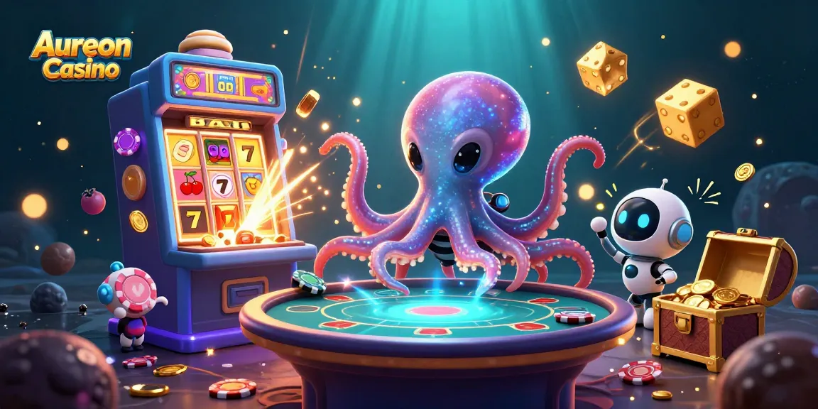 Aureon Casino features a vibrant scene with an alien octopus and robot companion enjoying holographic poker.